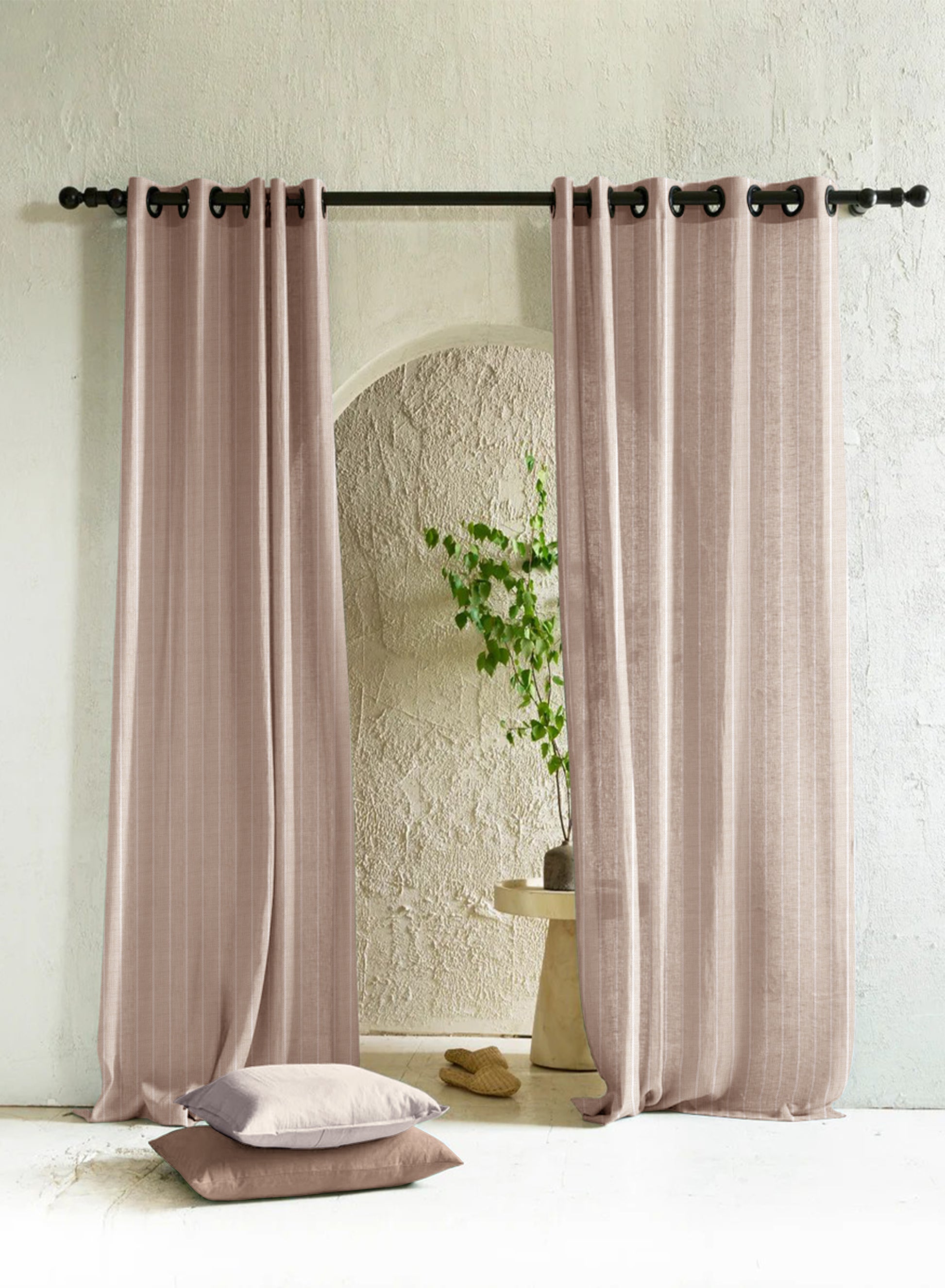 Evok Striped Sheer Curtains | Subtle Stripes & Soft Light Filter | Dark Beige | Set of 2 | Fully Customizable