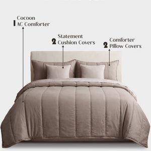Home Crayons Cocoon AC Comforter Set | 5-Piece Designer Bed Set for Modern Homes | Earthy Beige
