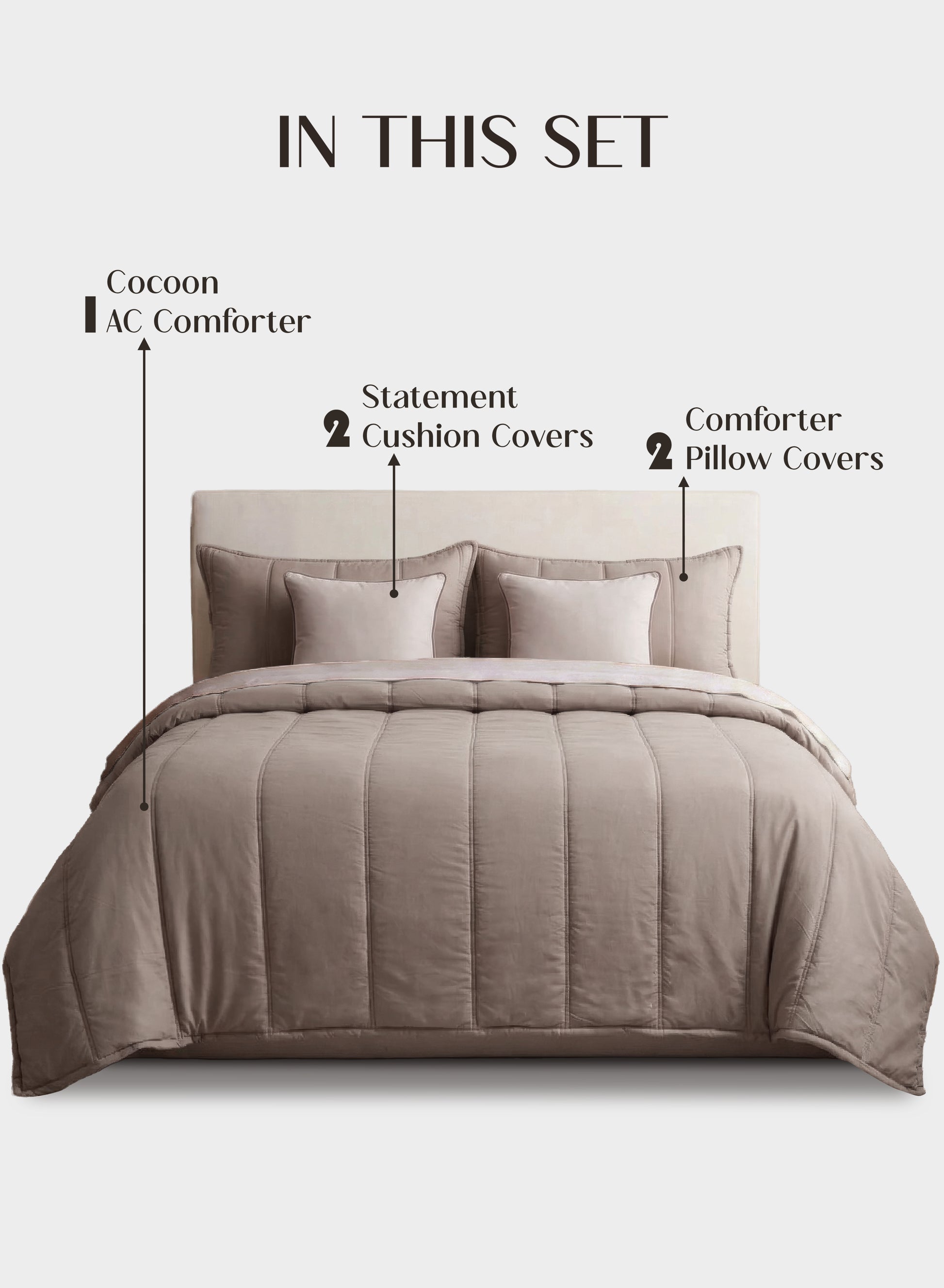 Home Crayons Cocoon AC Comforter Set | 5-Piece Designer Bed Set for Modern Homes | Earthy Beige