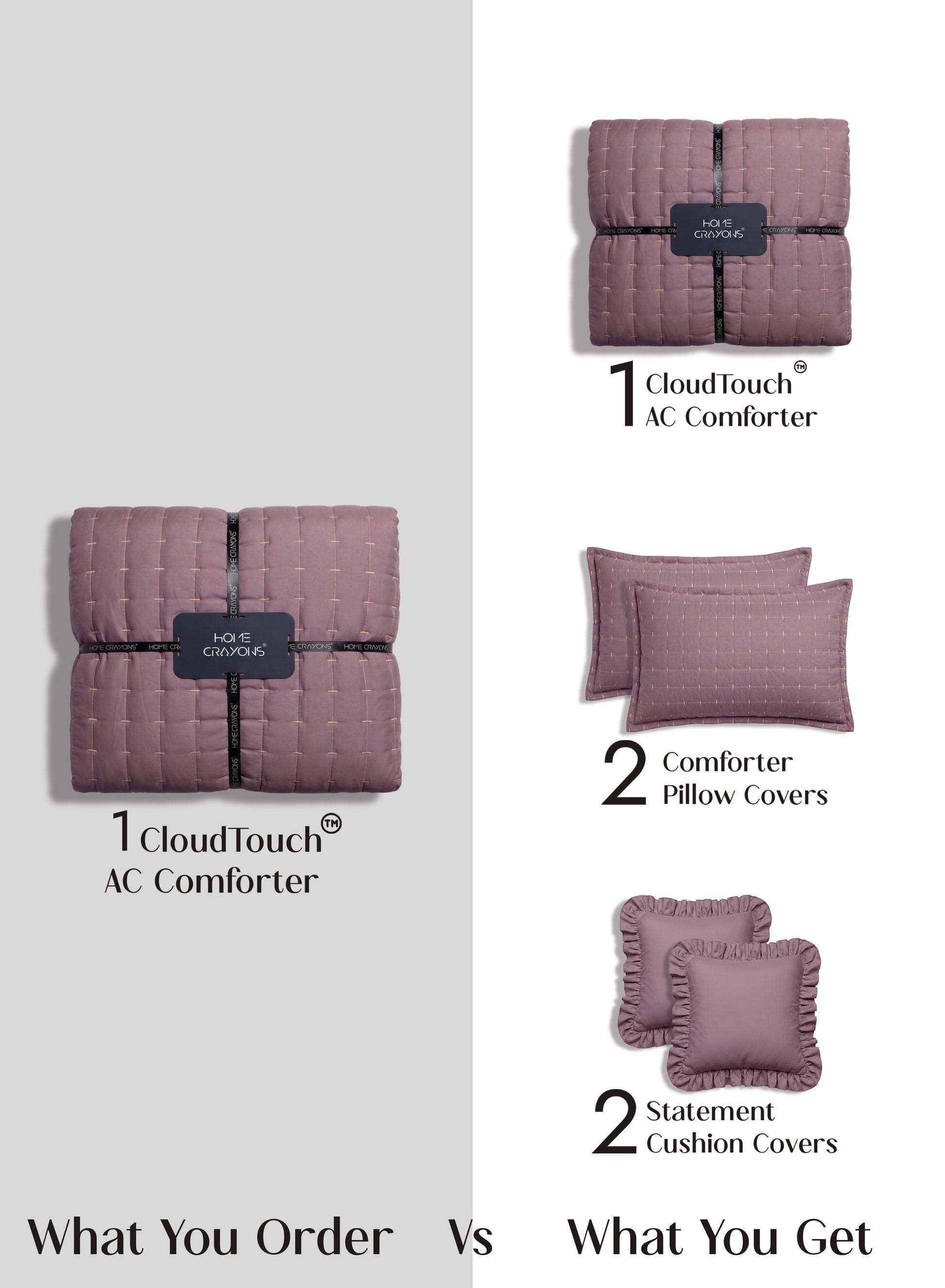 Home Crayons CloudTouch™ 5-Piece AC Comforter Set | 33% Oversized | Includes 2 Pillow & 2 Cushion Covers | Mulberry