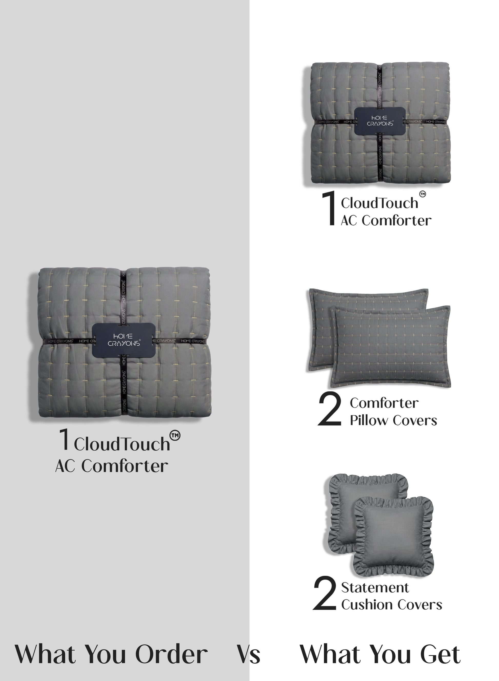 Home Crayons CloudTouch™ 5-Piece AC Comforter Set | 33% Oversized | Includes 2 Pillow & 2 Cushion Covers | Pebble Gray