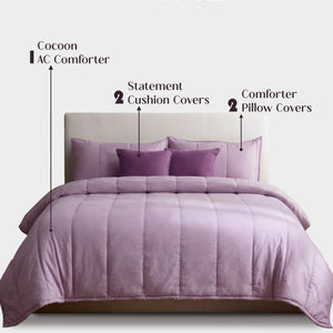 Home Crayons Cocoon AC Comforter Set | 5-Piece Designer Bed Set for Modern Homes | Lilac Daisy