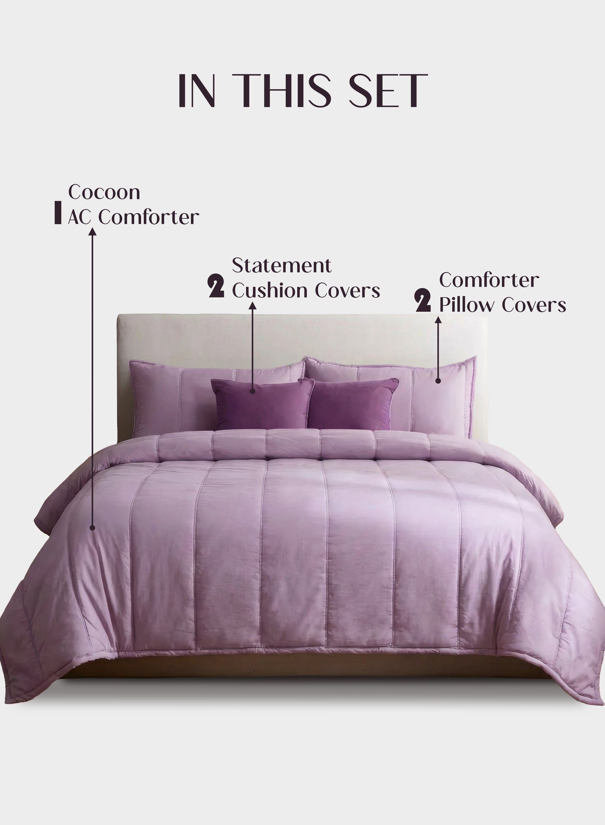 Home Crayons Cocoon AC Comforter Set | 5-Piece Designer Bed Set for Modern Homes | Lilac Daisy