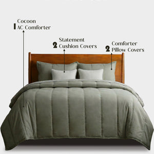 Home Crayons Cocoon AC Comforter Set | 5-Piece Designer Bed Set for Modern Homes | Olive Mist