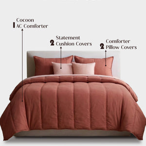 Home Crayons Cocoon AC Comforter Set | 5-Piece Designer Bed Set for Modern Homes | Terracotta
