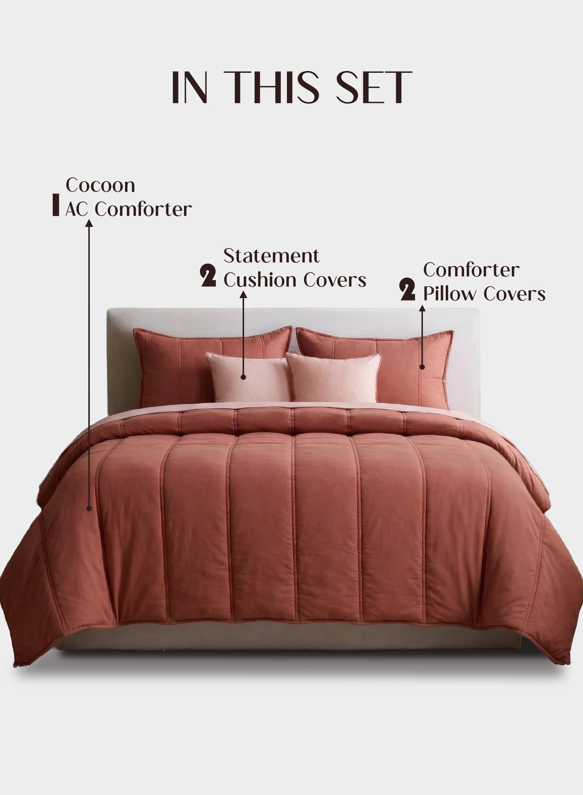 Home Crayons Cocoon AC Comforter Set | 5-Piece Designer Bed Set for Modern Homes | Terracotta