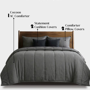 Home Crayons Cocoon AC Comforter Set | 5-Piece Designer Bed Set for Modern Homes | Moonstone Gray