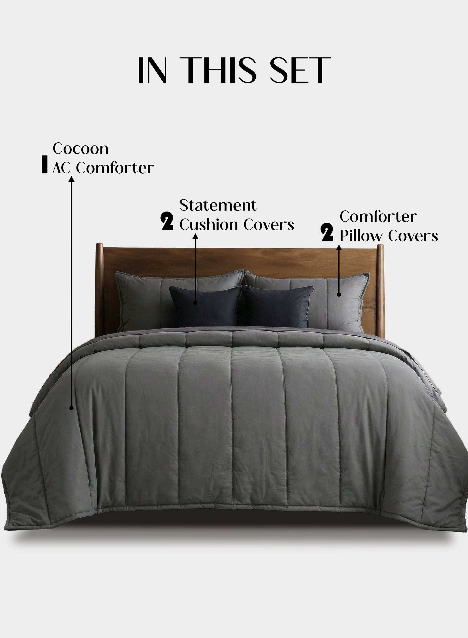 Home Crayons Cocoon AC Comforter Set | 5-Piece Designer Bed Set for Modern Homes | Moonstone Gray