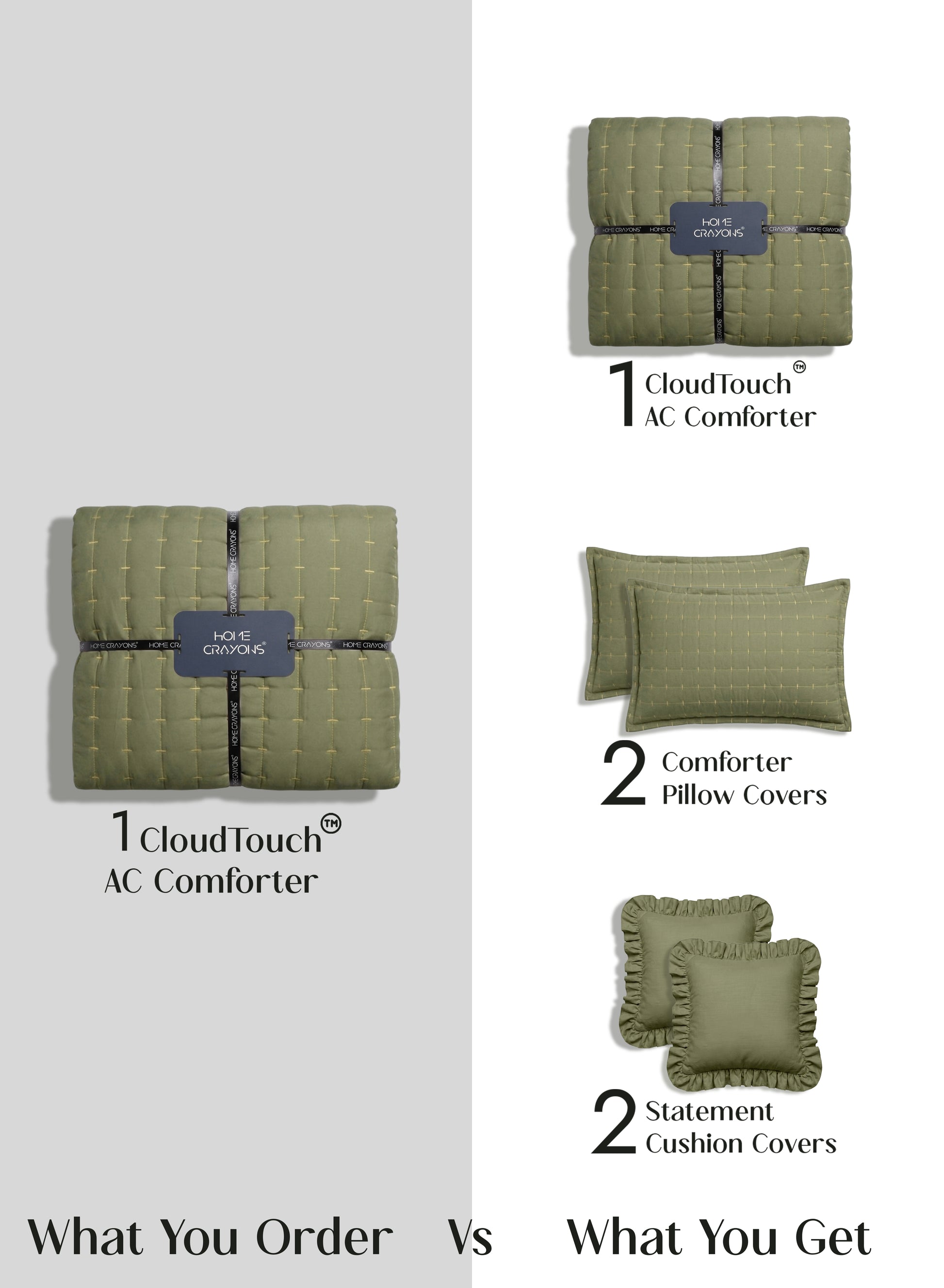 Home Crayons CloudTouch™ 5-Piece AC Comforter Set | 33% Oversized | Includes 2 Pillow & 2 Cushion Covers | Olive Grove