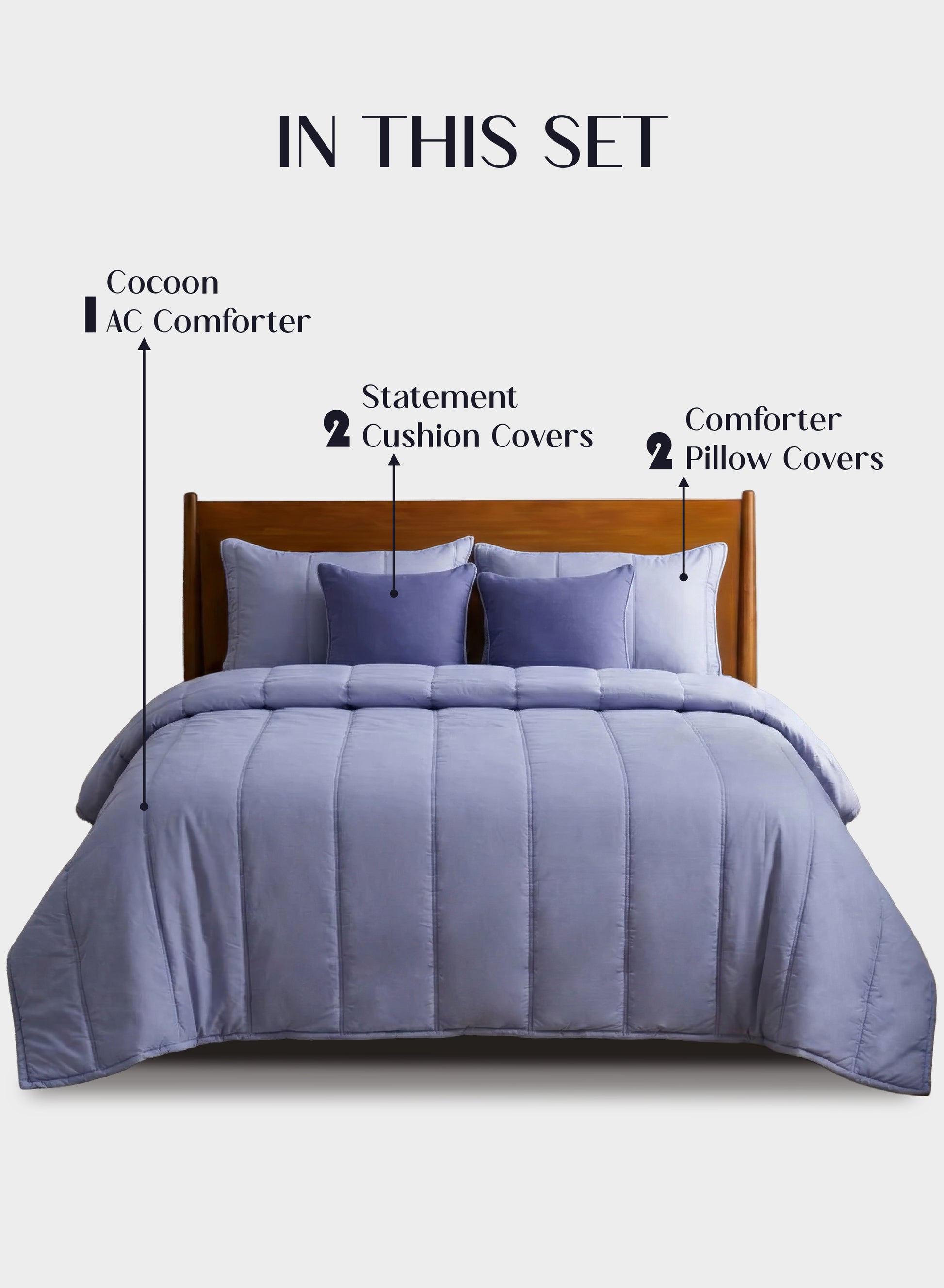 Home Crayons Cocoon AC Comforter Set | 5-Piece Designer Bed Set for Modern Homes | Lavender Haze