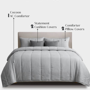Home Crayons Cocoon AC Comforter Set | 5-Piece Designer Bed Set for Modern Homes | Pearl Gray