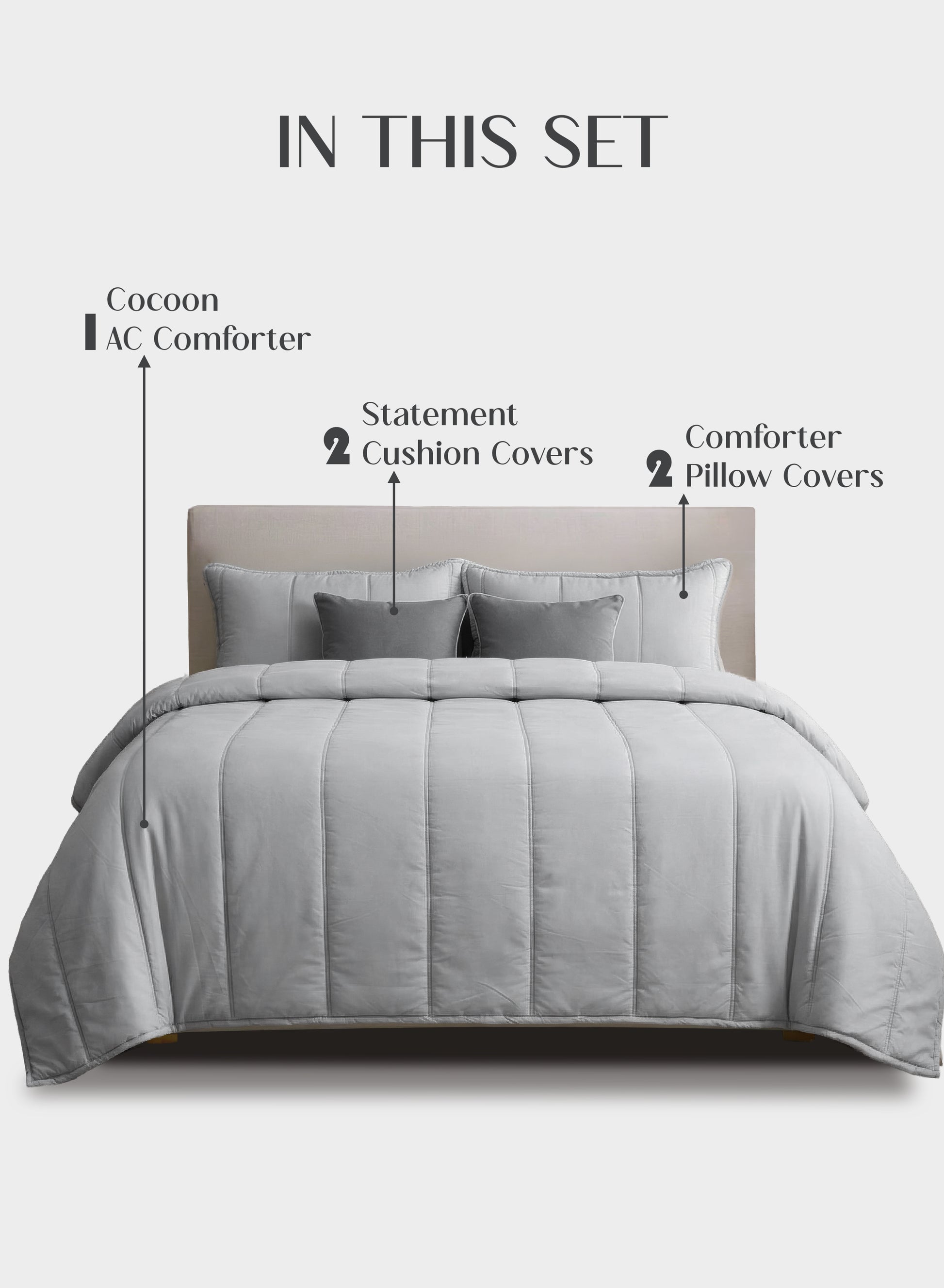 Home Crayons Cocoon AC Comforter Set | 5-Piece Designer Bed Set for Modern Homes | Pearl Gray