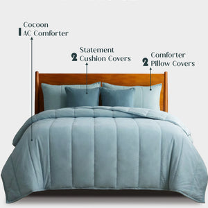 Home Crayons Cocoon AC Comforter Set | 5-Piece Designer Bed Set for Modern Homes | Blue Meadow