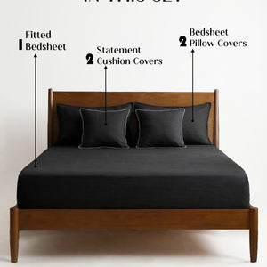 Home Crayons LuxeFit™ Fitted Bedsheet Set | Perfect Fit for Queen & King Mattresses | Ebony Black