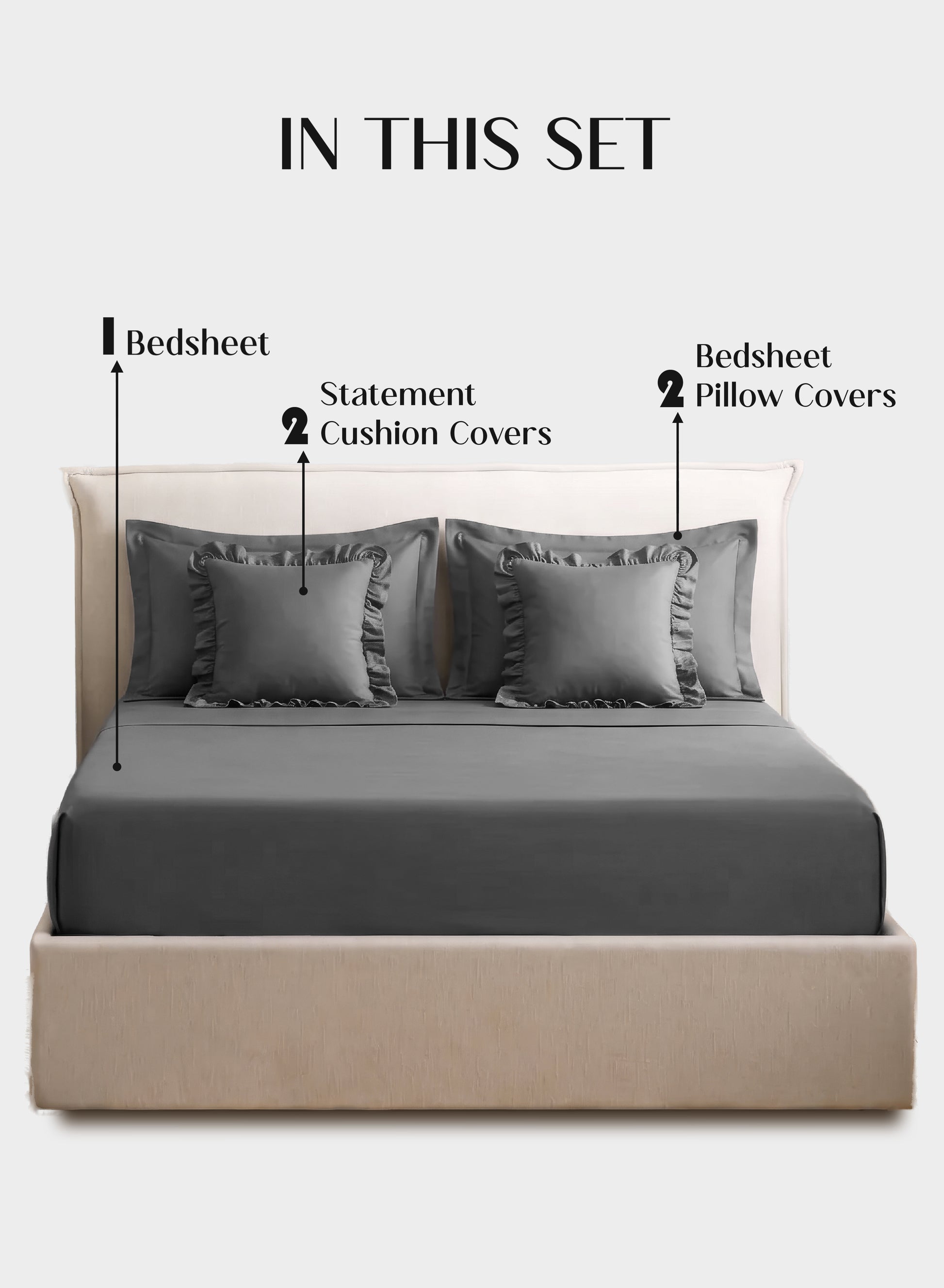 Home Crayons LuxeSoft™ Double Bedsheet Set | Oversized King | Includes 2 Pillow Covers & 2 Cushion Covers | Pebble Gray