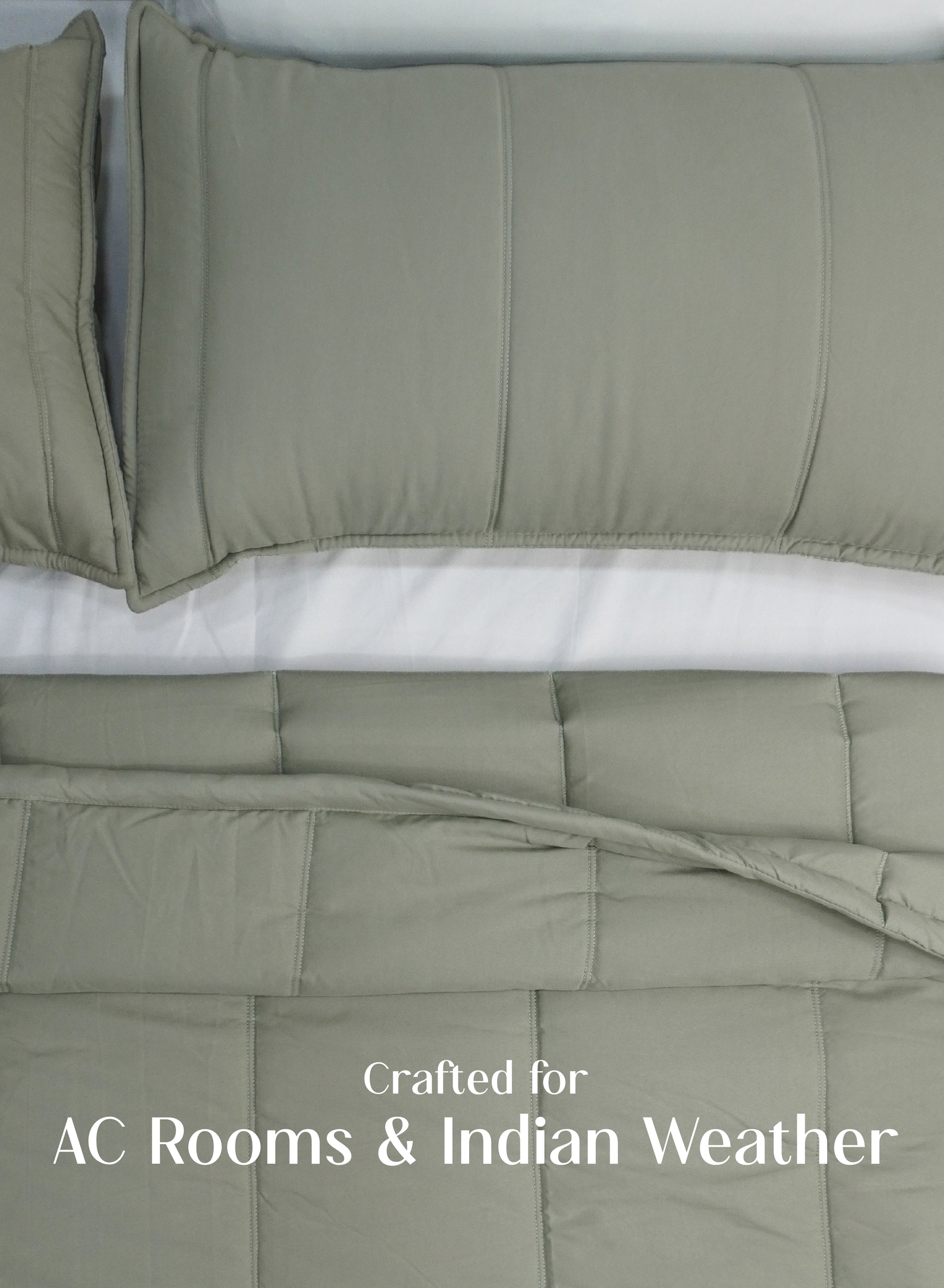 Home Crayons Cocoon AC Comforter Set | 5-Piece Designer Bed Set for Modern Homes | Olive Mist