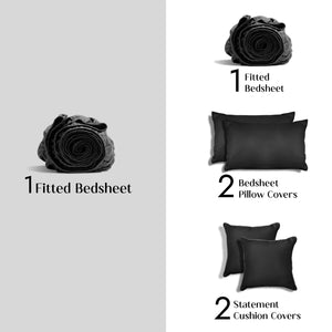 Home Crayons LuxeFit™ Fitted Bedsheet Set | Perfect Fit for Queen & King Mattresses | Ebony Black