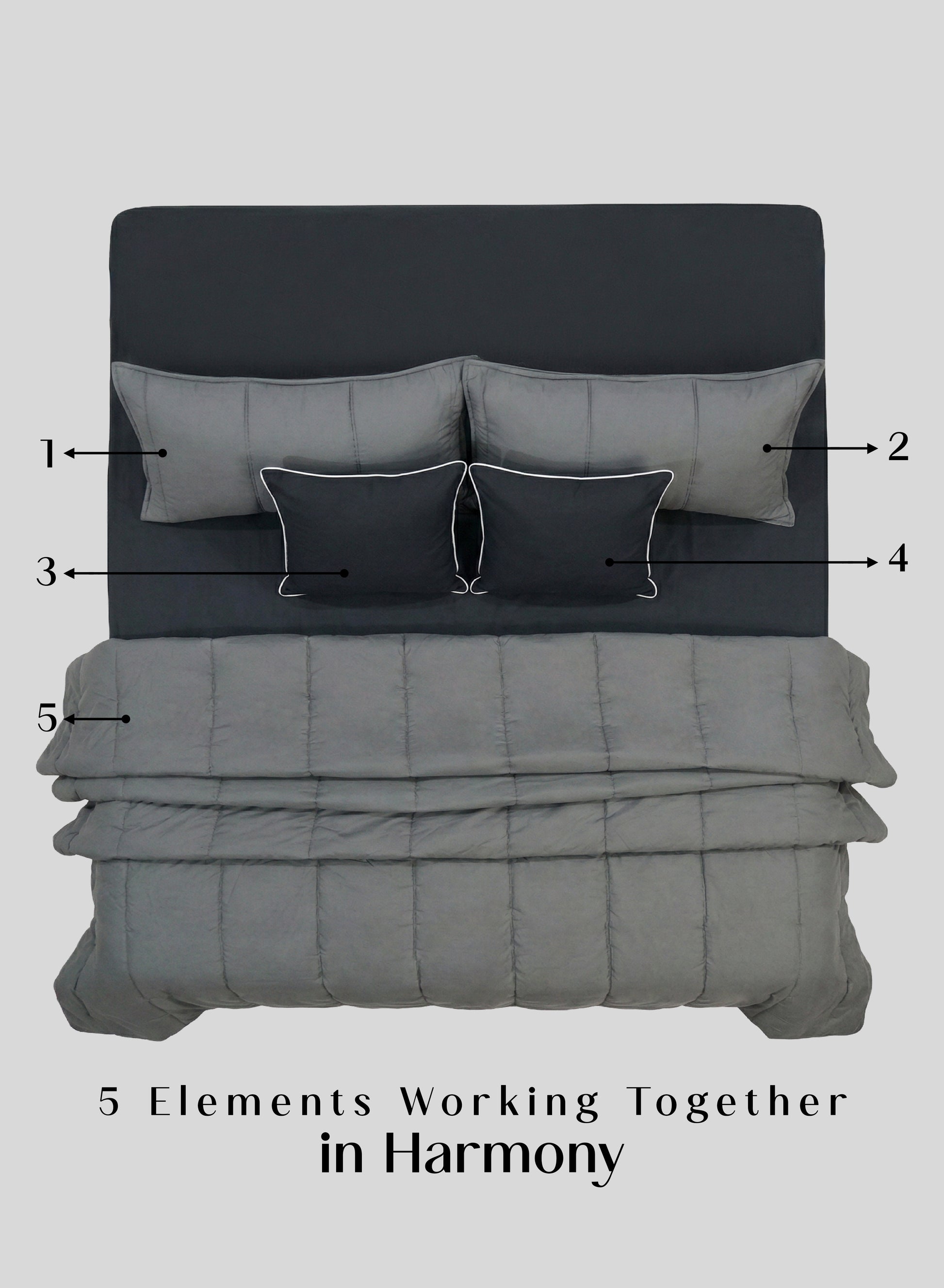 Home Crayons Cocoon AC Comforter Set | 5-Piece Designer Bed Set for Modern Homes | Moonstone Gray