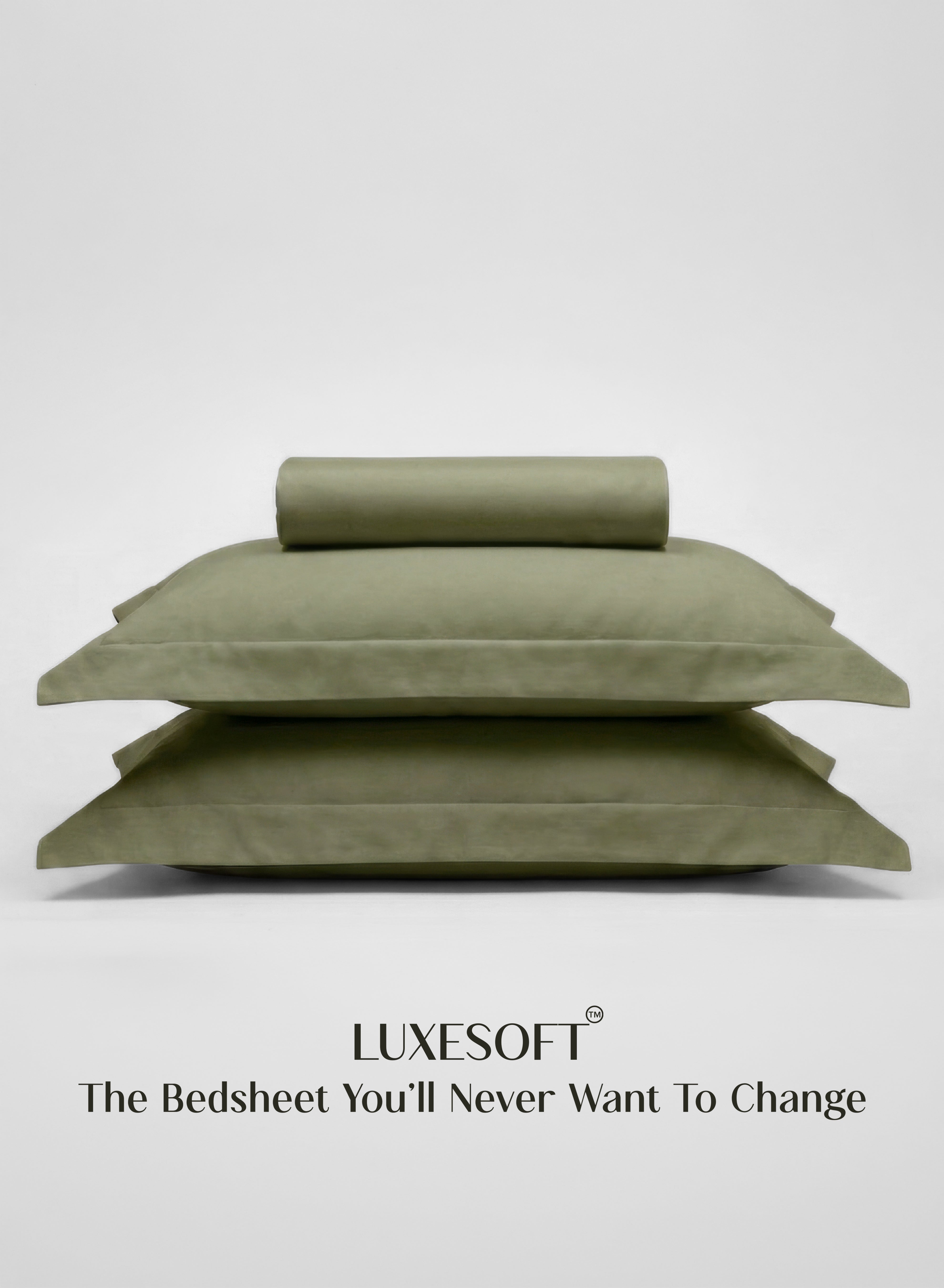 LuxeSoft™ Double Bedsheet Set | Oversized King | Includes 2 Pillow Covers & 2 Cushion Covers | Olive Grove