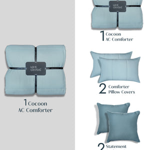 Home Crayons Cocoon AC Comforter Set | 5-Piece Designer Bed Set for Modern Homes | Blue Meadow