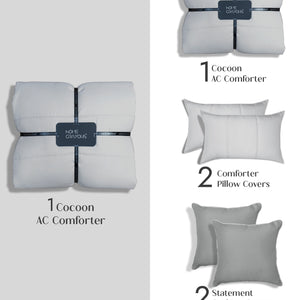 Home Crayons Cocoon AC Comforter Set | 5-Piece Designer Bed Set for Modern Homes | Pearl Gray
