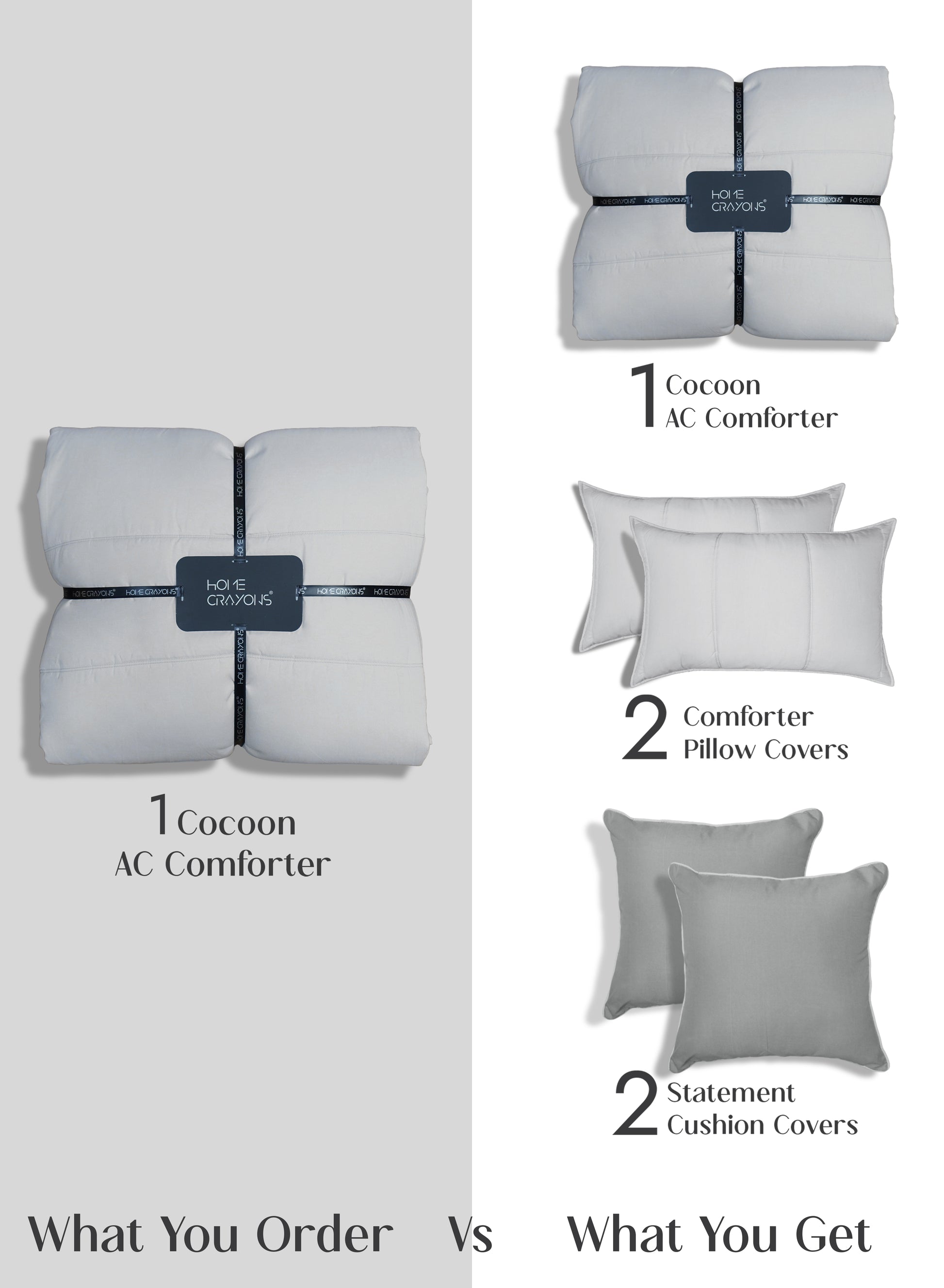 Home Crayons Cocoon AC Comforter Set | 5-Piece Designer Bed Set for Modern Homes | Pearl Gray