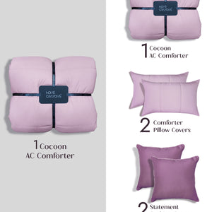 Home Crayons Cocoon AC Comforter Set | 5-Piece Designer Bed Set for Modern Homes | Lilac Daisy