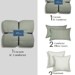 Home Crayons Cocoon AC Comforter Set | 5-Piece Designer Bed Set for Modern Homes | Olive Mist