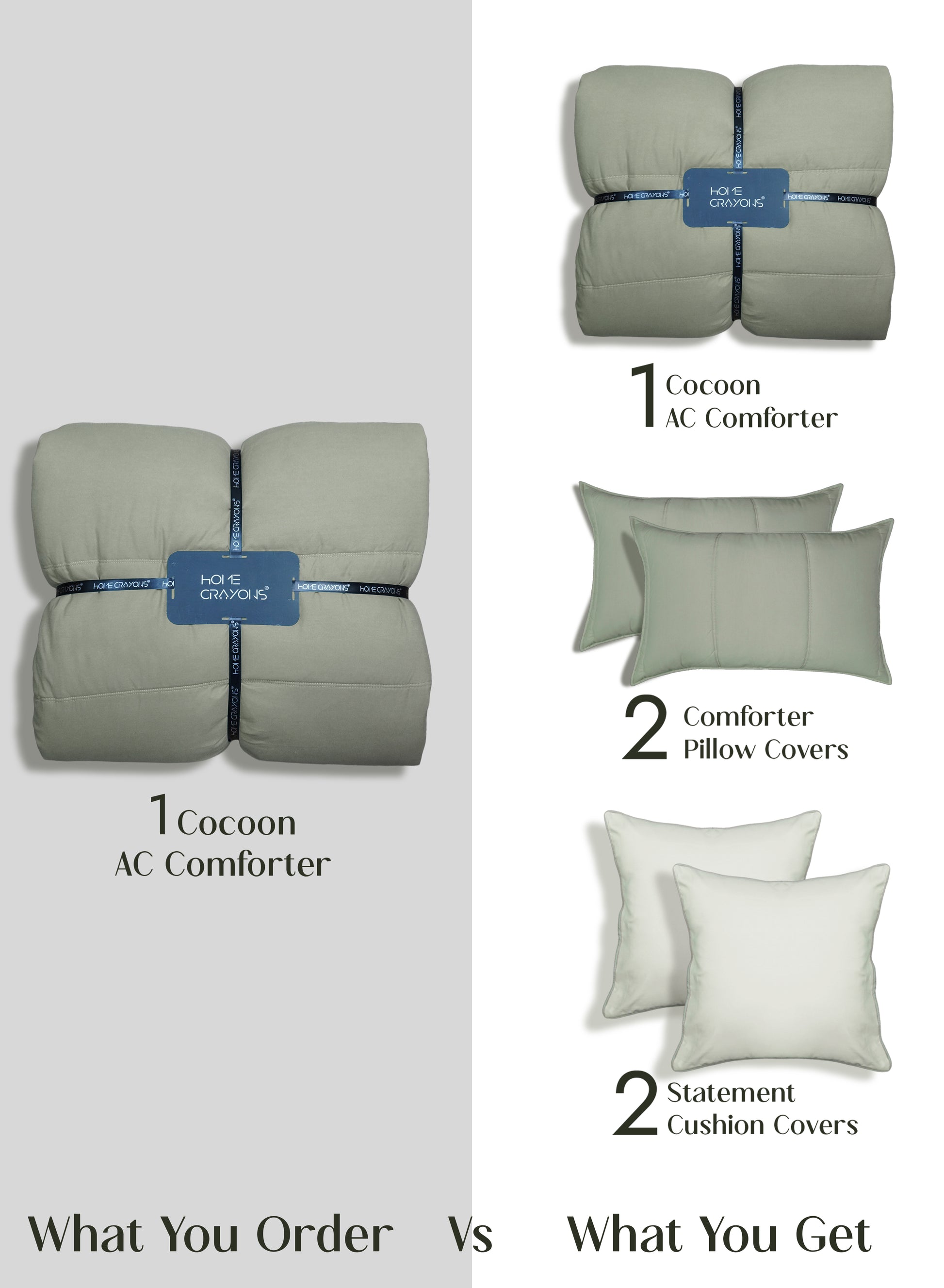 Home Crayons Cocoon AC Comforter Set | 5-Piece Designer Bed Set for Modern Homes | Olive Mist
