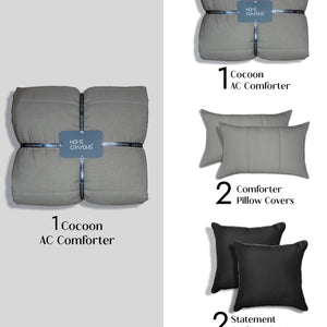 Home Crayons Cocoon AC Comforter Set | 5-Piece Designer Bed Set for Modern Homes | Moonstone Gray