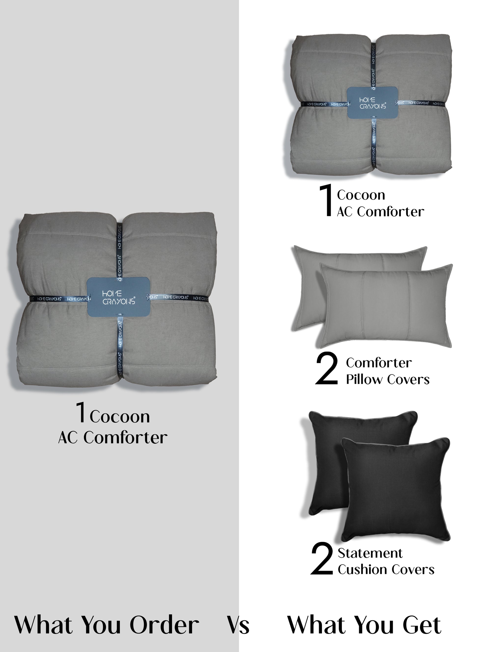 Home Crayons Cocoon AC Comforter Set | 5-Piece Designer Bed Set for Modern Homes | Moonstone Gray