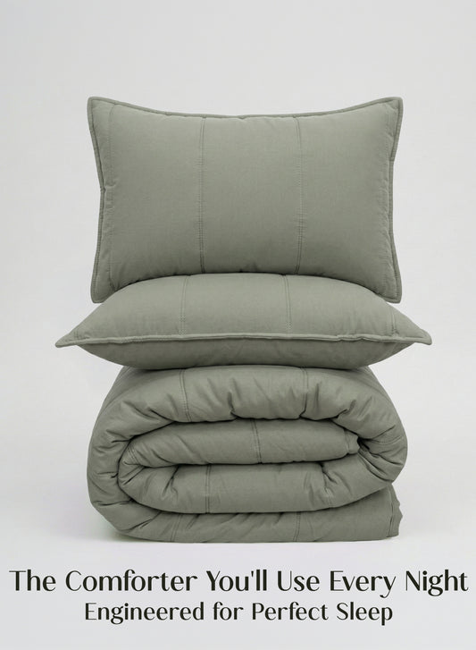 Home Crayons Cocoon AC Comforter Set | 5-Piece Designer Bed Set for Modern Homes | Olive Mist