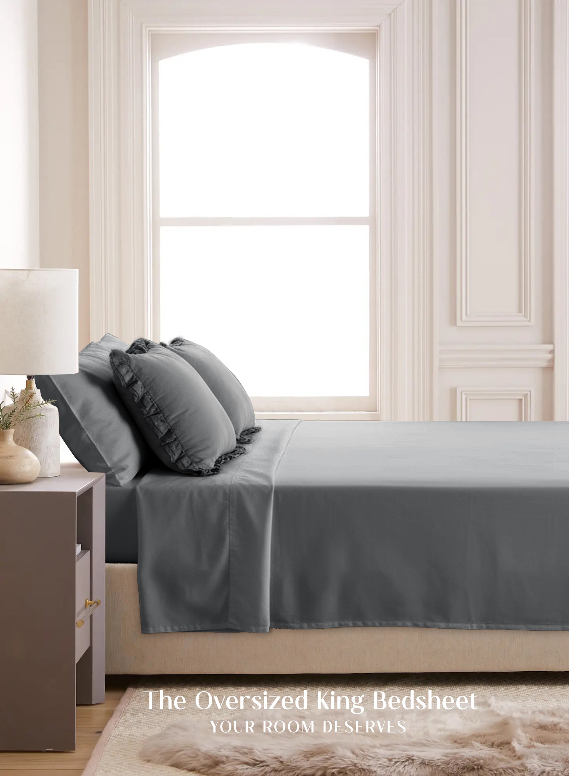 Home Crayons LuxeSoft™ Double Bedsheet Set | Oversized King | Includes 2 Pillow Covers & 2 Cushion Covers | Pebble Gray