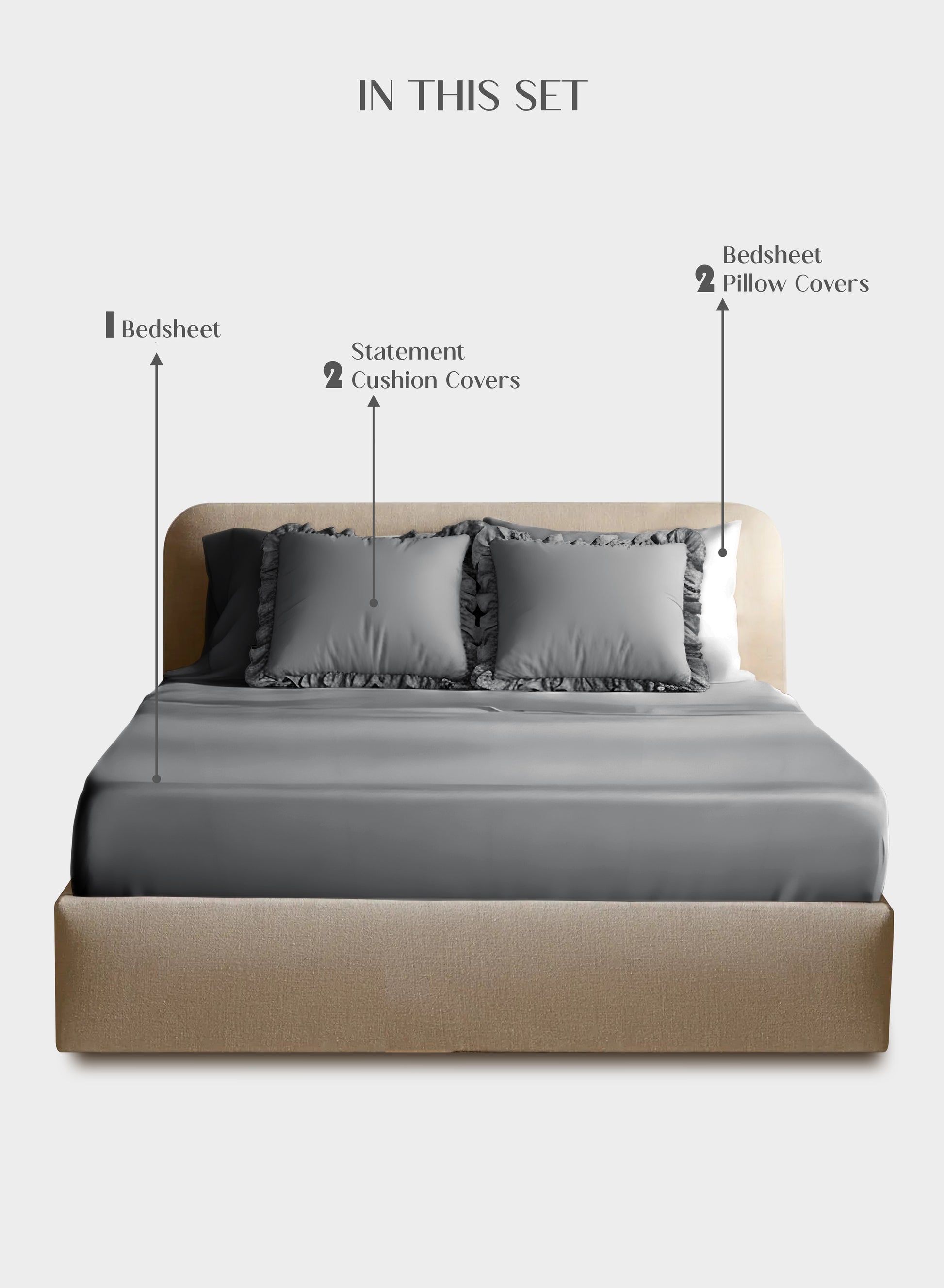 Home Crayons LuxeSoft™ Double Bedsheet Set | Oversized King | Includes 2 Pillow Covers & 2 Cushion Covers | Pebble Gray