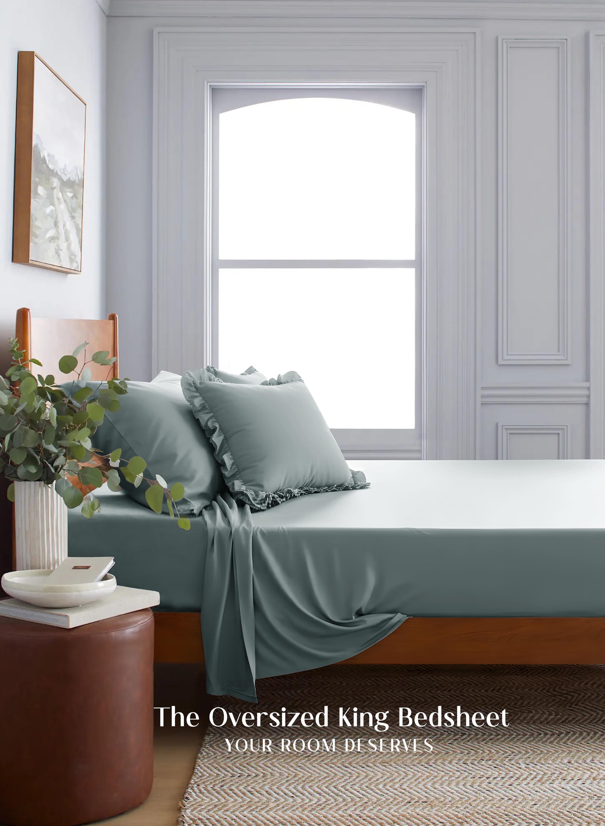 Home Crayons LuxeSoft™ Bedsheet Double Set | Oversized King | Includes 2 Pillow Covers & 2 Cushion Covers | Sage Blue