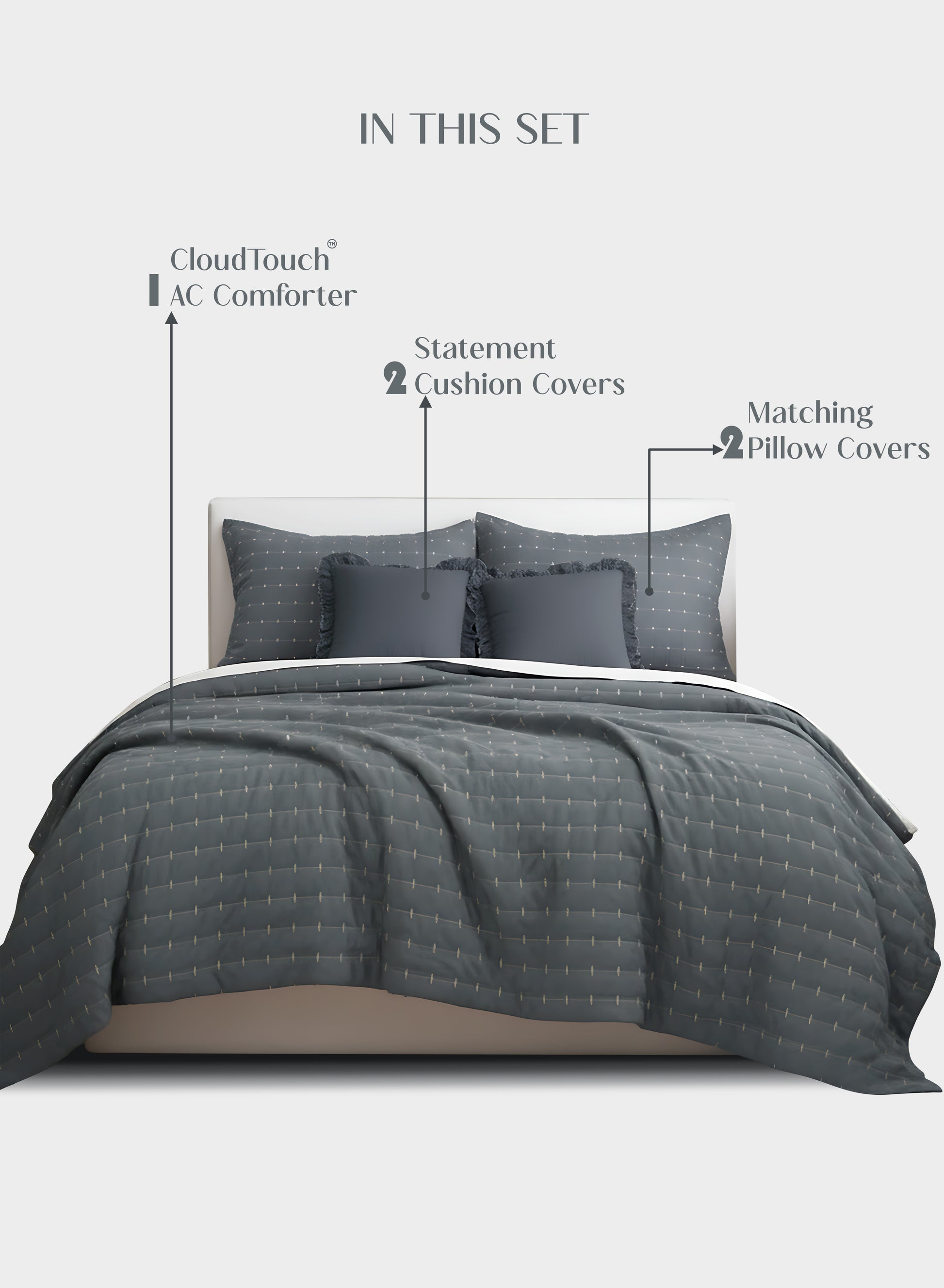 Home Crayons CloudTouch™ Comforter Set | All-Season | 33% Oversized | Includes 2 Pillow Covers & 2 Cushion Covers | Pebble Gray