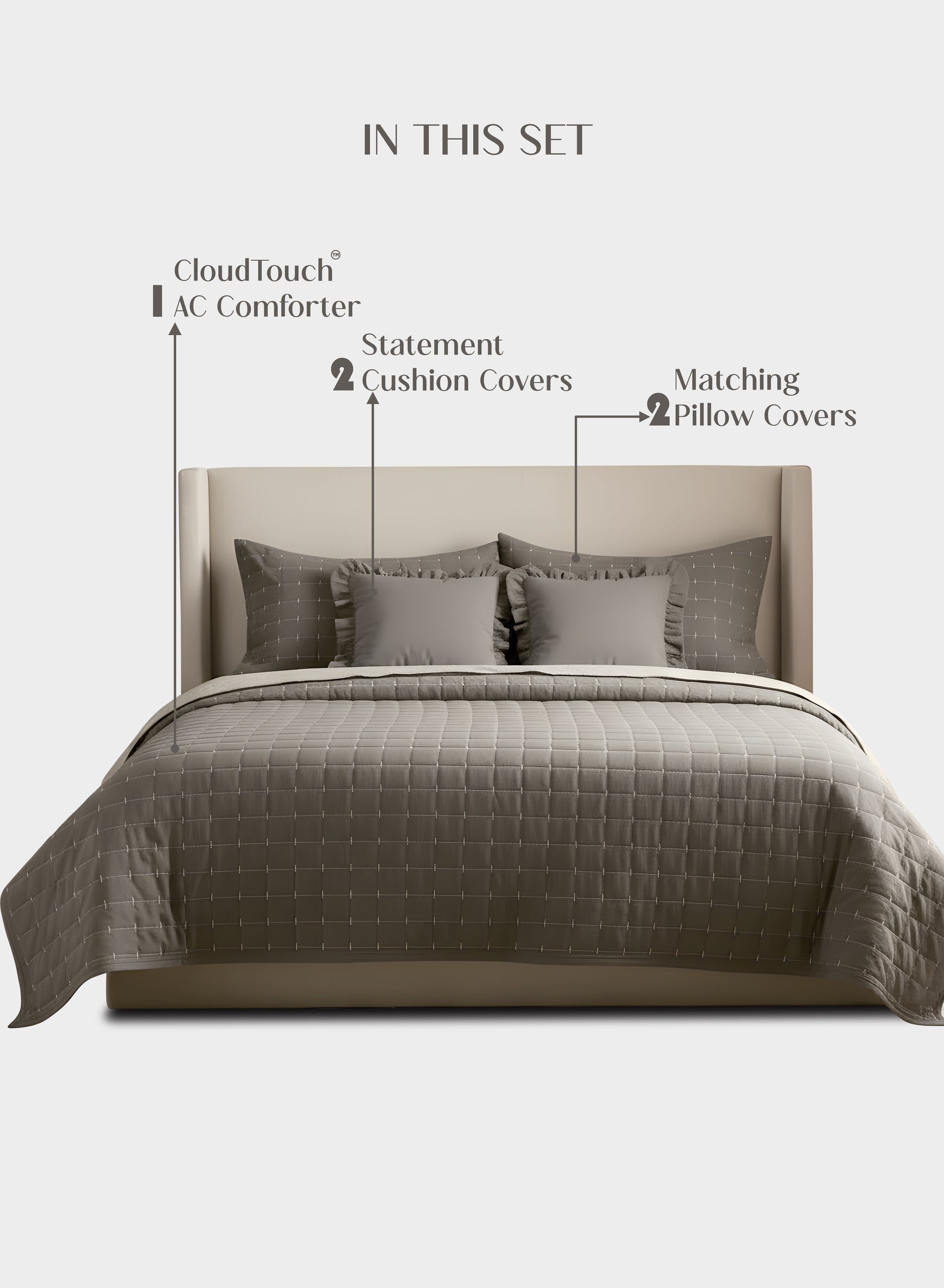 Home Crayons CloudTouch™ Comforter Set | All-Season | 33% Oversized | Includes 2 Pillow Covers & 2 Cushion Covers | Smoked Coffee