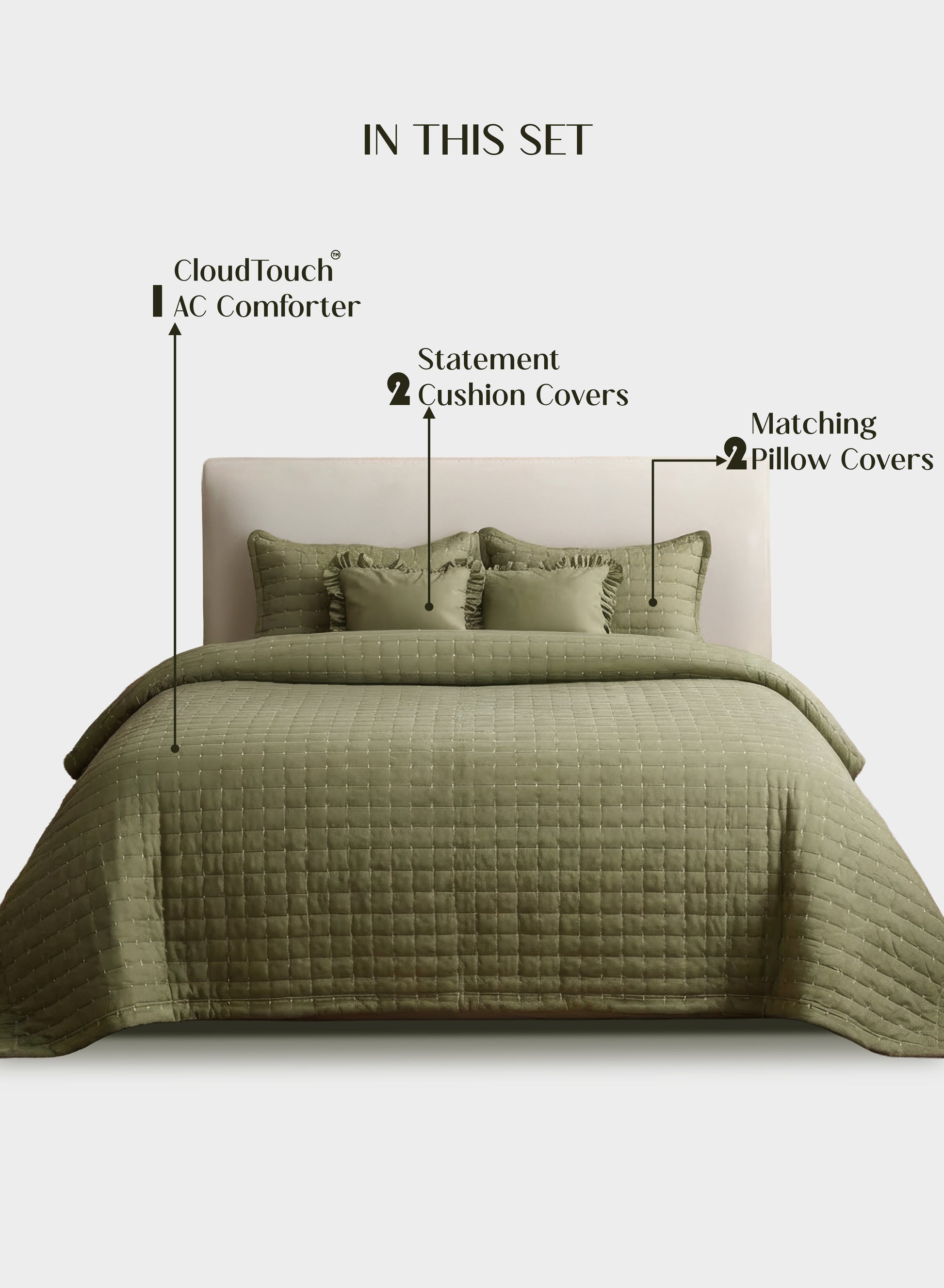 Home Crayons CloudTouch™ 5-Piece AC Comforter Set | 33% Oversized | Includes 2 Pillow & 2 Cushion Covers | Olive Grove