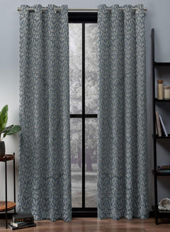 Flavia Jacquard Room Darkening Curtains | Intricate Leaf Design | Turkish Blue | Set of 2 | Fully Customizable